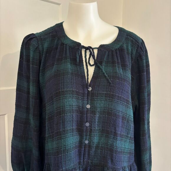Loft Size Medium Dark Green Plaid Tartan Ruffle Peplum Preppy Peasant Blouse - Picture 4 of 8